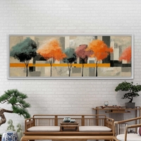 תמונת קנבס פנורמית של עצים צבעוניים בגווני טורקיז, ורוד וכתום על רקע מודרני – תכשיט לבית