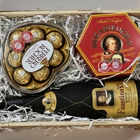 European product packaging in a wooden box