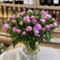 Arrangement of 39 peonies in a vase