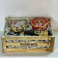 European product packaging in a wooden box