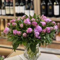 Arrangement of 39 peonies in a vase