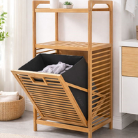 סל כביסה במבוק כולל מדפים מעץ טבעי דגם 21