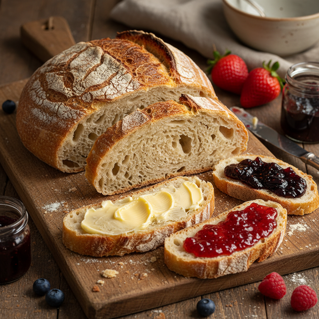 A beautifully baked sourdough loaf, sliced, with butter and jam on a rustic wooden board