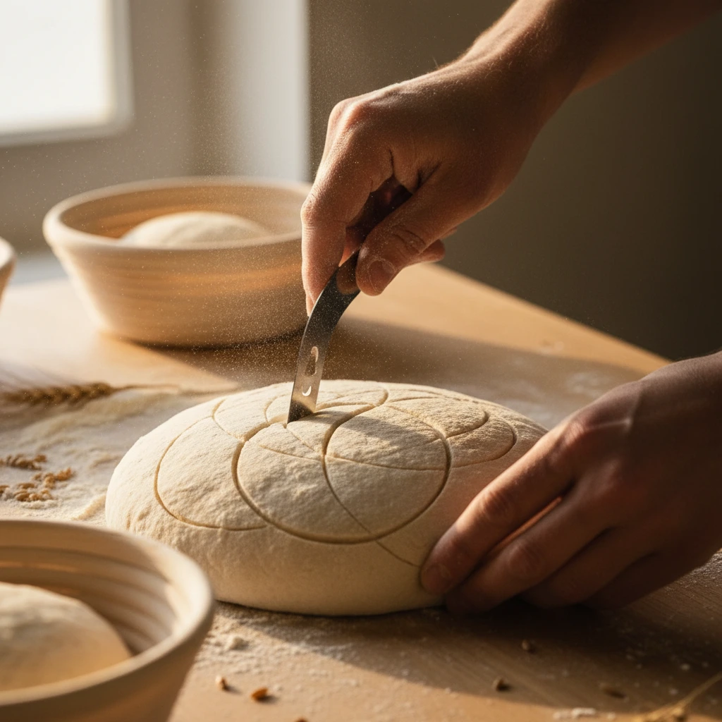 Action shot of a baker scoring sourdough dough before baking