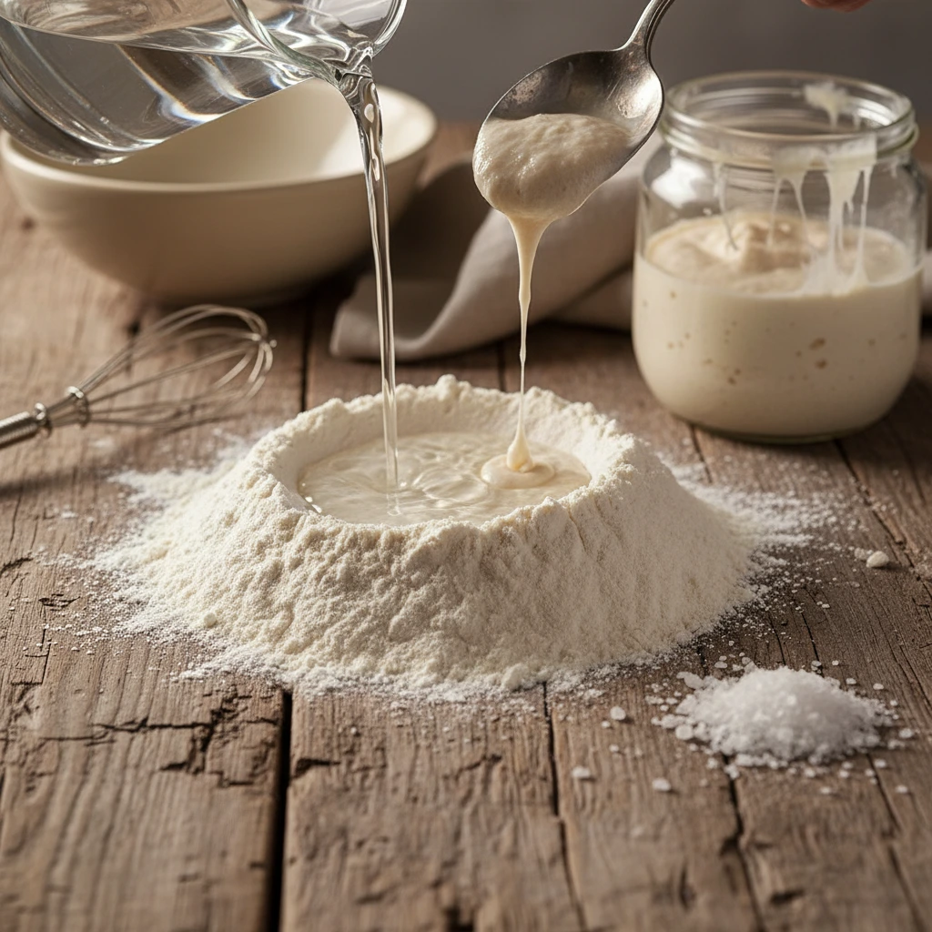 Close up of raw ingredients including flour, water, salt, and active sourdough starter