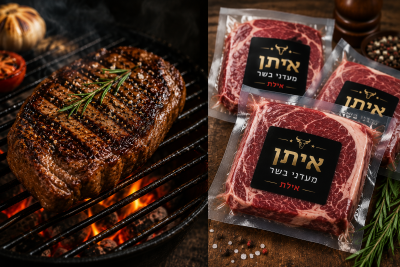 סטייק עסיסי על גריל לצד נתחי בשר בוואקום