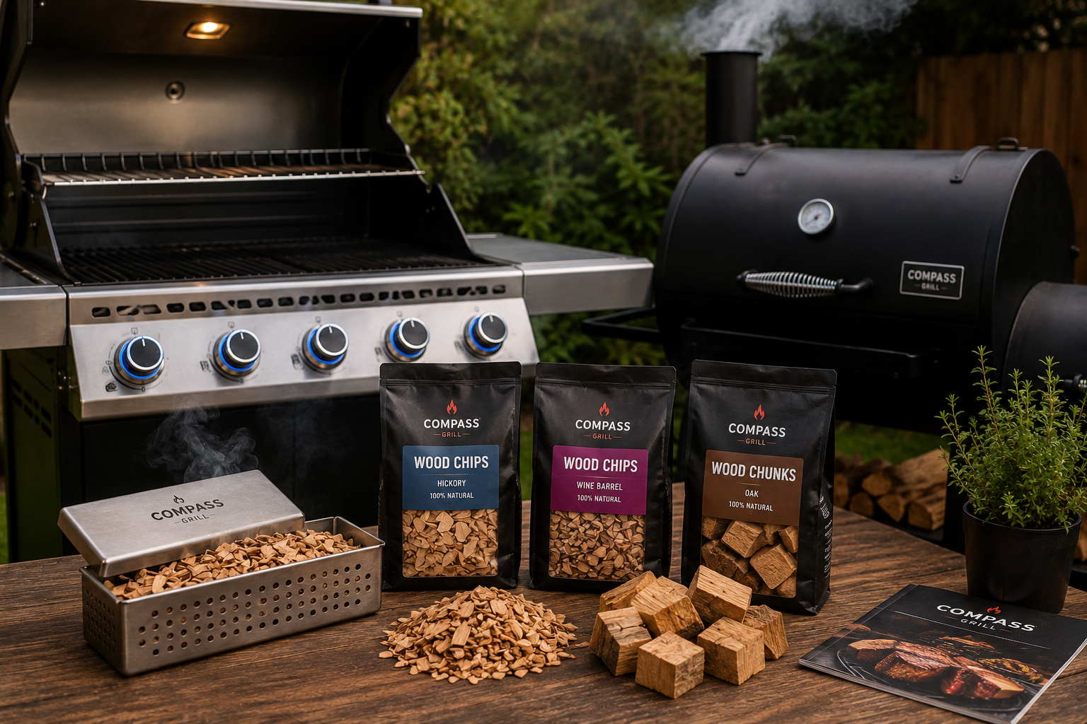 קופסת עישון, שבבי עץ וצ'אנקים לצד גריל גז ומעשנה