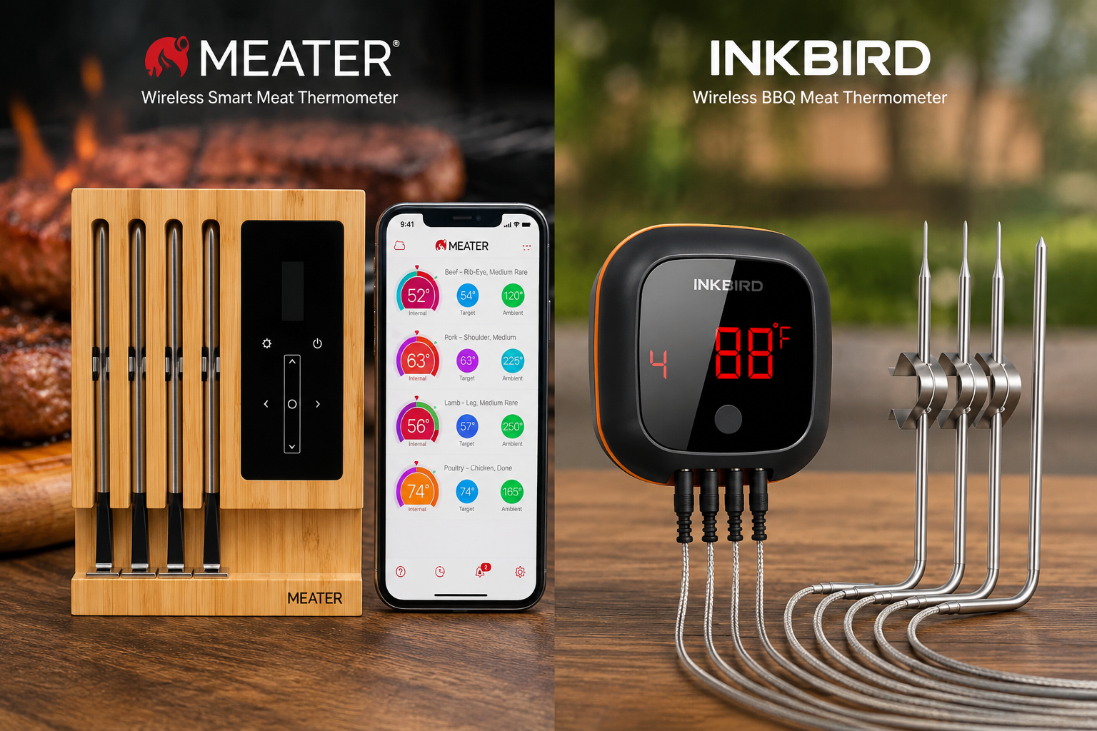 מדחומי MEATER ו-INKBIRD זה לצד זה