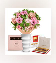 זר פרחים רגשות חמים + Merci + שוקולד (Augusta)