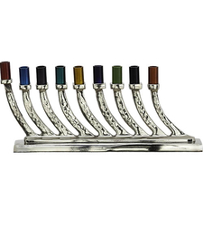 Elegant menorah for hammered aluminum candles with colored reeds 11X26 cm