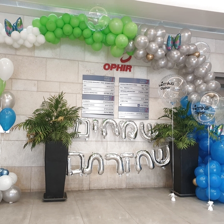 עיצוב אורגני מטפס על הקיר עם כיתוב בשילוב בלונים שקופים