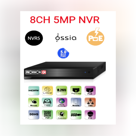 מערכת הקלטה לשמונה מצלמות Provision 5mp NVR5-8200PX POE