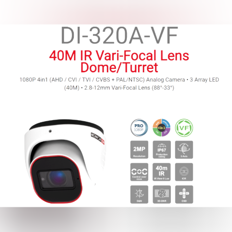 מצלמת כיפה Provision AHD DI-320A-VF 2MP Vari-Focal 40M IR