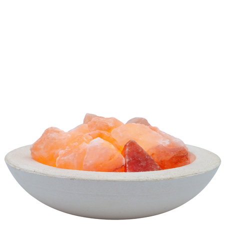 מנורת גבישי מלח הימלאיה בקערת חרס עגולה לבנה