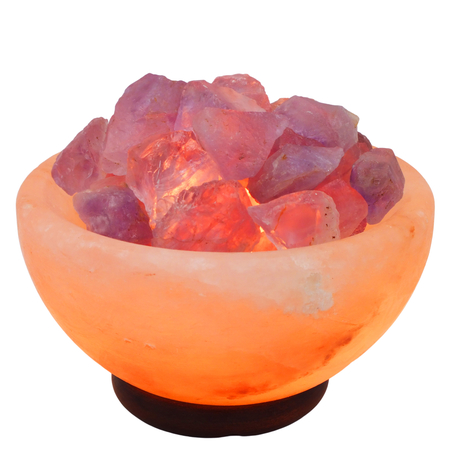 מנורת מלח הימלאיה טבעי מלוטש בצורת קערה עם גבישי קריסטל אמטיסט גולמיים