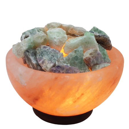 מנורת מלח הימלאיה טבעי מלוטש בצורת קערה עם גבישי קריסטל פלורייט גולמיים