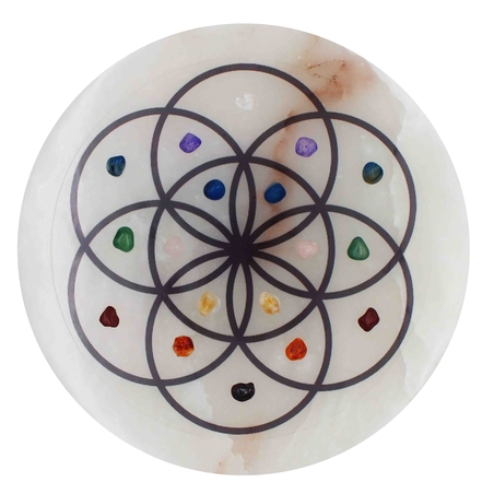 אריח סלנייט עגול עם סמל זרע החיים ואבני קריסטל