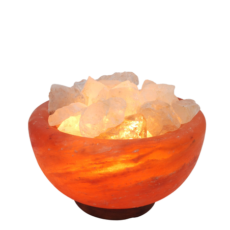 מנורת מלח הימלאיה טבעי מלוטש בצורת קערה עם גבישי קוורץ קריסטל גולמיים