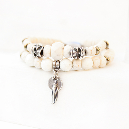 צמיד בוהו גולגולות - לבן כסף