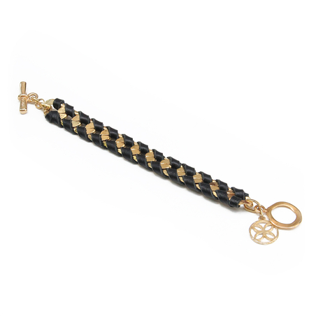 צמיד פרח עור - שחור, זהב