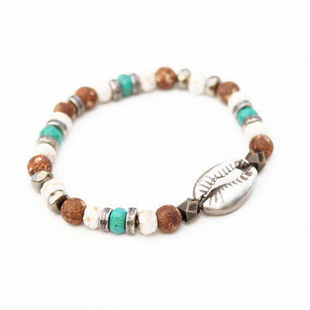 צמיד קונכייה - לבן, חום, טורקיז וכסף