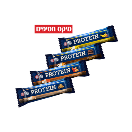 24 חטיפי חלבון במגוון טעמים (6 יח' מכל טעם) במשקל 50-60 גרם לחטיף