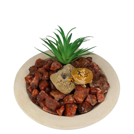 מזרקה עם קרנליאן גולמי בקערה עגולה לבנה