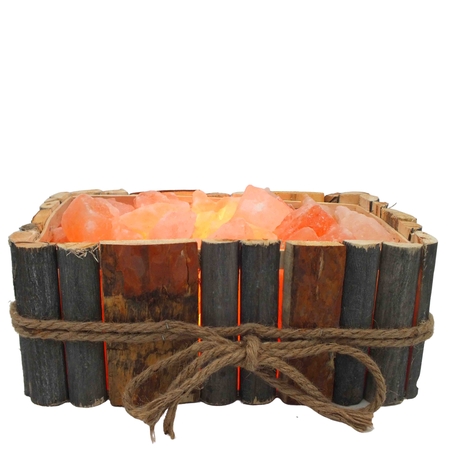 מנורת גבישי מלח הימלאיה מלבנית מעץ בשני גוונים עם חוט קשור