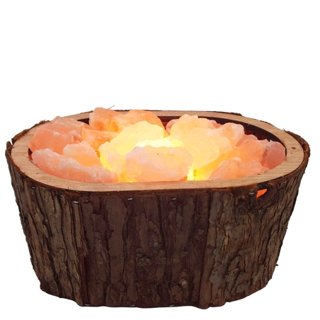 מנורת גבישי מלח הימלאיה בקערה אובאלית מכפיסי עץ בצבע חום