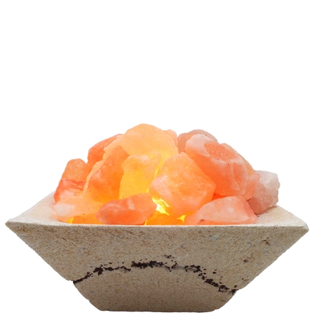 מנורת גבישי מלח הימלאיה בקערת חרס מרובעת בגימור אבן טבעית 