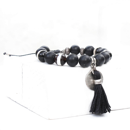 צמיד גדיל אבנים - שחור, כסף