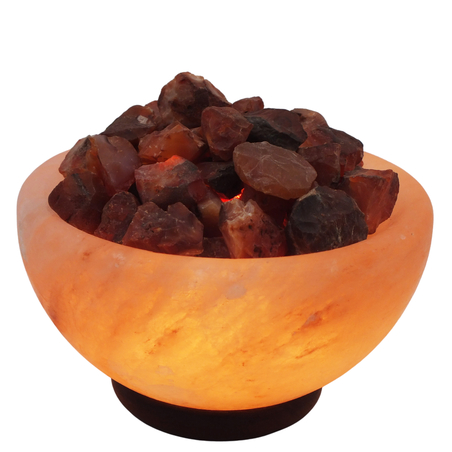 מנורת מלח הימלאיה טבעי מלוטש בצורת קערה עם גבישי קריסטל קרנליאן גולמיים