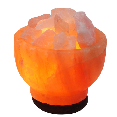 מנורת מלח הימלאיה טבעי מלוטש בצורת גביע עם גבישי קריסטל רוזקוורץ גולמיים