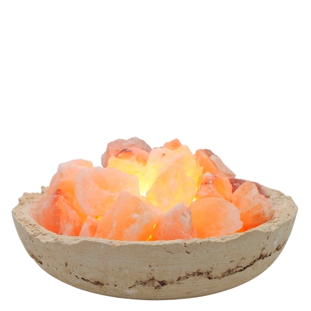 מנורת גבישי מלח הימלאיה בקערה עגולה בגימור אבן טבעית