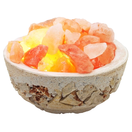 מנורת גבישי מלח הימלאיה בקערת חרס עגולה מעוטרת באבן טבעית