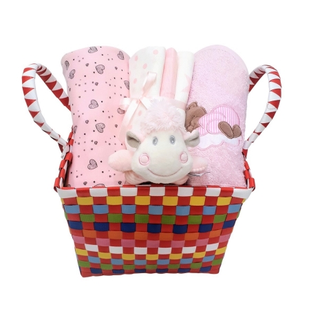 9# - מתנה לתינוקת המאושרת : שמיכה, קפוצ'ון מגבת, שלישיית חיתולי טטרה ורעשן טבעת בסל צבעוני קלוע