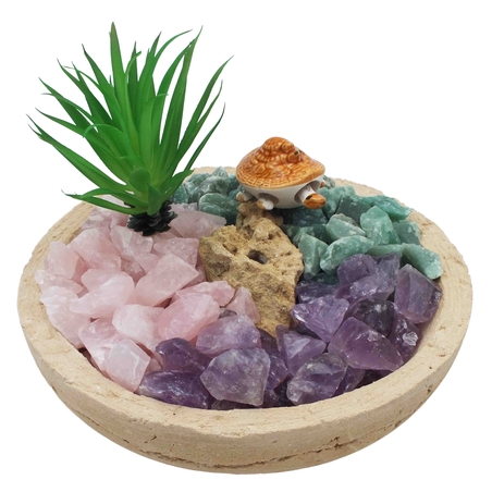 מעיין נובע בקערה עגולה במראה טבעי - אמטיסט, רוזקוורץ ואוונטורין ירוק גולמיות