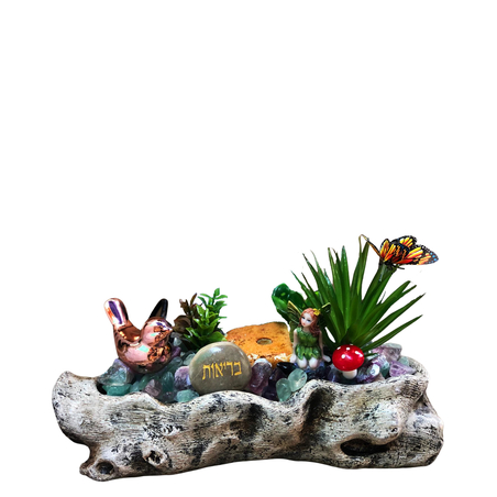 מעיין נובע עם פלורייט בקערה דמוית גזע עץ