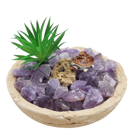 מזרקה עם אמטיסט גולמי בקערה עגולה בגימור טבעי