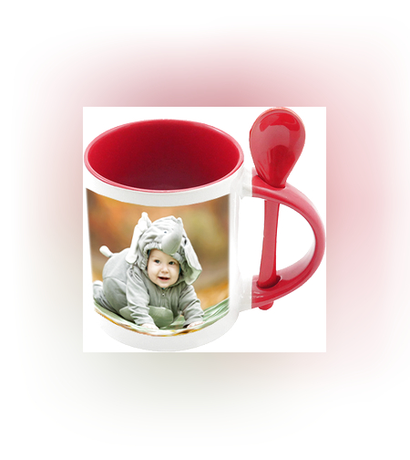 הדפסה על ספל צבעוני עם כפית.