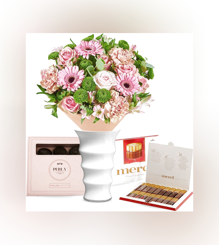 זר פרחים רגשות חמים + Merci + שוקולד (Augusta)