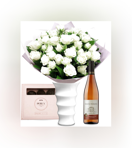 זר פרחים אהבה ראשונה + פרלינים Perly + יין (Melania)