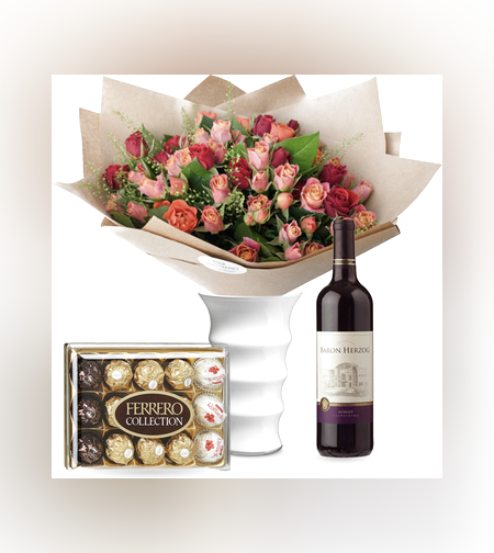 זר פרחים רכות וחן + פררה + יין (Victoria)