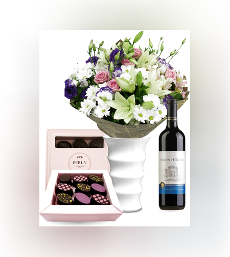 זר פרחים אנסטסיה + שוקולד Perly + יין (Anastasya)