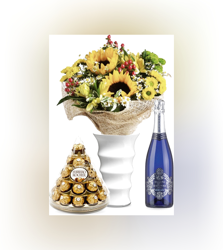 זר פרחים סיפור קיץ + פררה + יין (Dalorez)