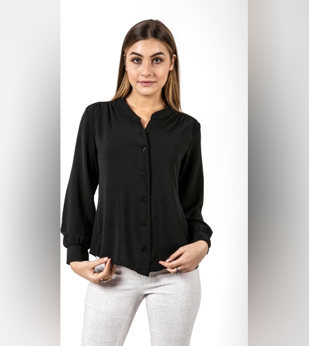 חולצה מכופתרת עם צווארון סיני נמוך דגם להגשים שחור(אורלי גולן)