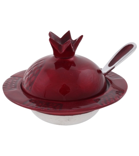 כלי מהודר לדבש עם כפית מאלומיניום בצורת רימון אמייל בורדו 8x12 ס