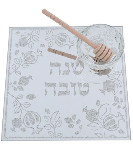 צלחת זכוכית מרובעת ומהודרת להגשת תפוח בדבש עם צלוחית עליונה + דבשון 