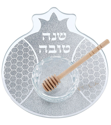 צלחת זכוכית מהודרת להגשת תפוח בדבש בצורת רימון 