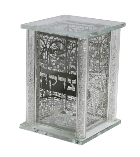 קופת צדקה מהודרת מקריסטל עם פלקטות כסף 13X9 ס